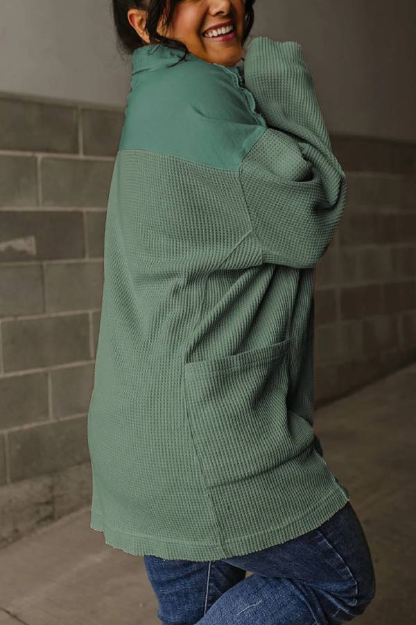 Smoke Green Waffle Patchwork Drop Sleeve Henley Top