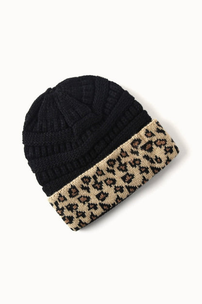 Warm Leopard Print Cable Knit Beanie Hat
