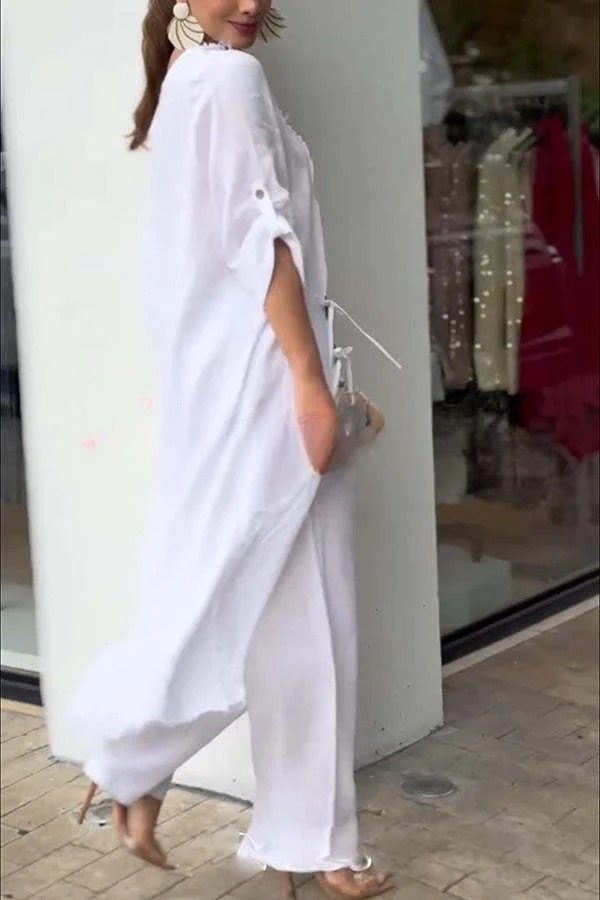 Tehla Linen Blend Ring Tie-up Detail Midi Blouse and Elastic Waist Pocketed Loose Pants Set