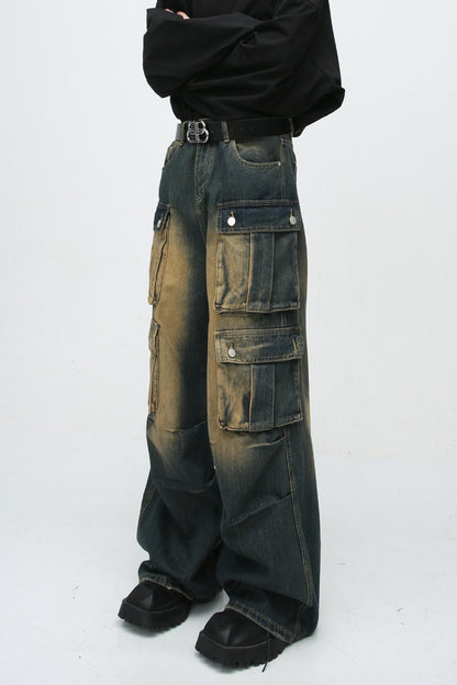 Paneled Multi Pocket Distressed Vintage Cargo Jeans