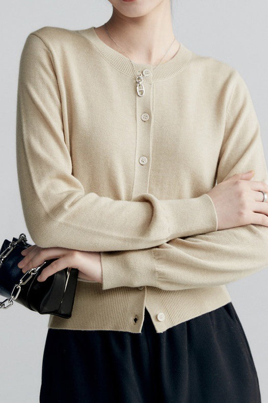 Solid Color Round Neck Knit Cardigan