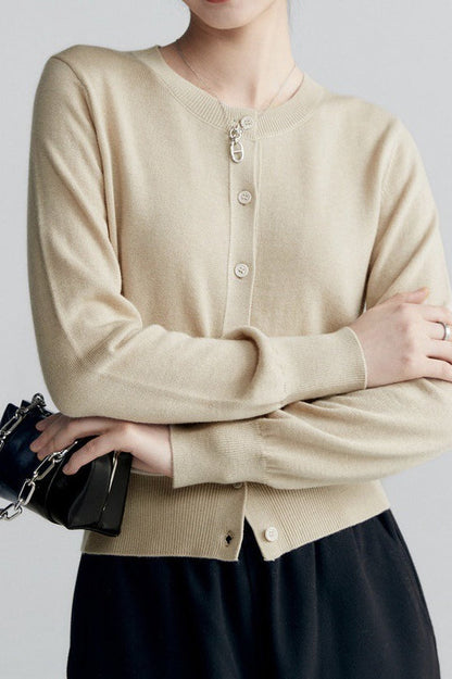 Solid Color Round Neck Knit Cardigan