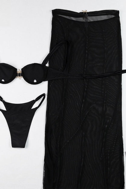 Solid Bra Style Cutout Three Piece Swim Set