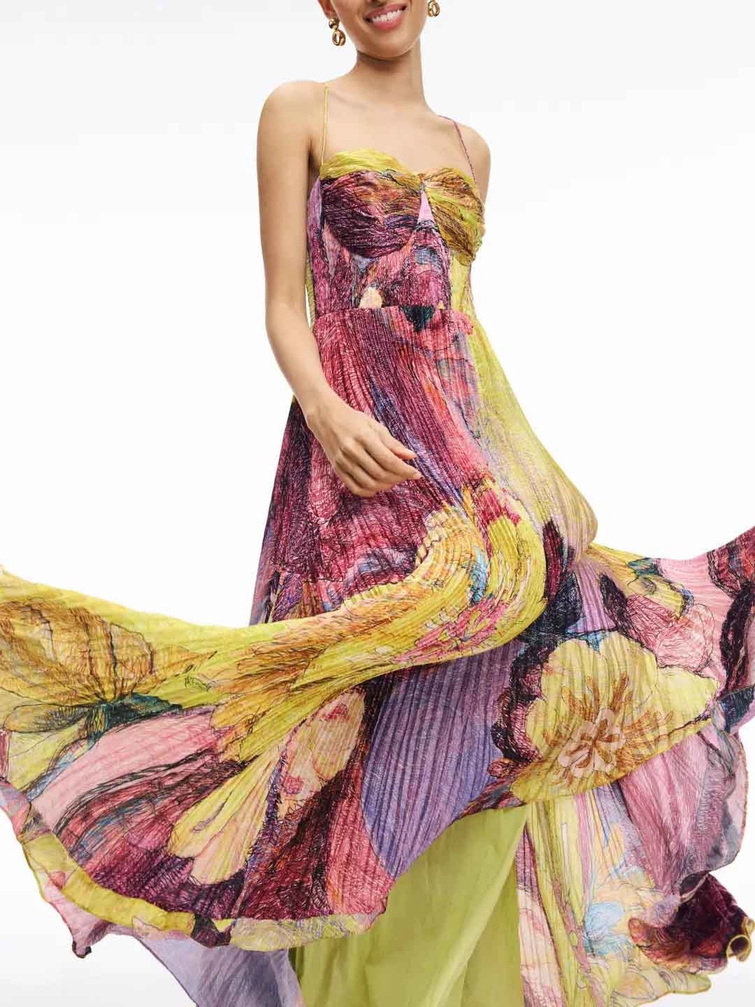 Spaghetti Strap Waisted Floral Print Swing Maxi Dress