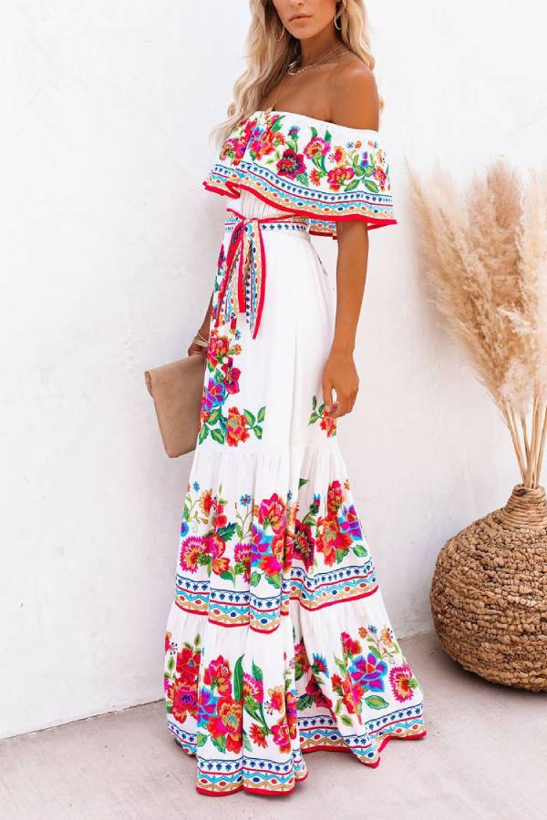Bohemian Off-Shoulder Floral Print Maxi Dress