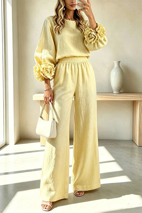 Linen Blend Floral Cuffs Sleeve Top and Elastic Waist Pocket Pants Set