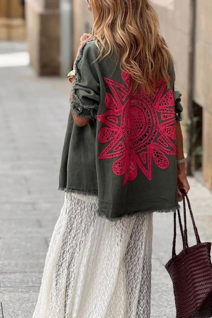 Khaki Green Denim Overshirt with Pink Crochet Mandala