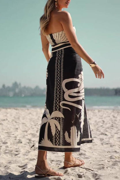 Strapless Shell Print Waist-Cinched Side Slit Maxi Dress