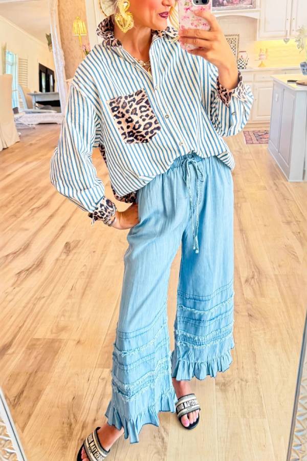 Stripe & Leopard Patchwork Collared Loose Long Sleeve Shirt