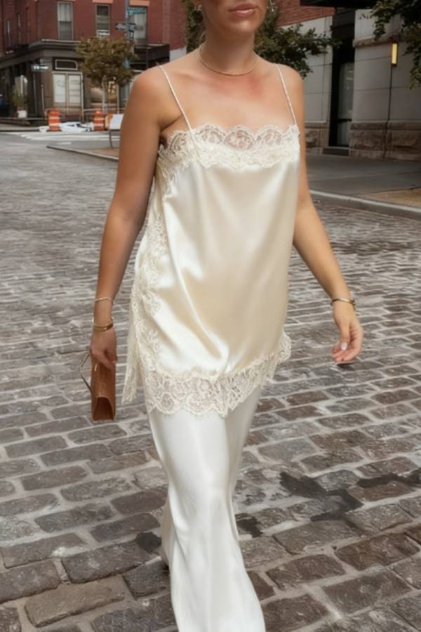 French Lace Trim Satin Thin Strap Camisole Top
