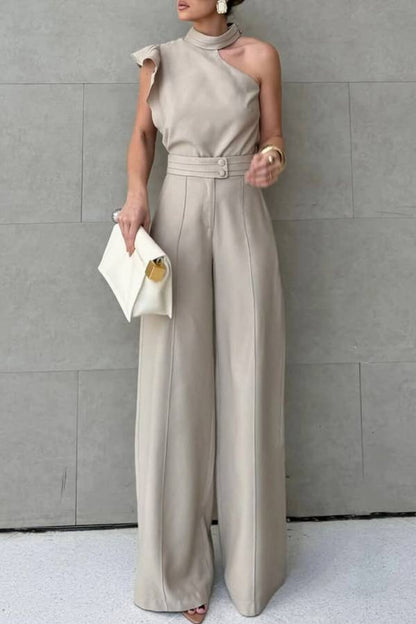 Fashionable One-shoulder Ruffled Top and Casual Simple Straight-leg Suit Pants Set