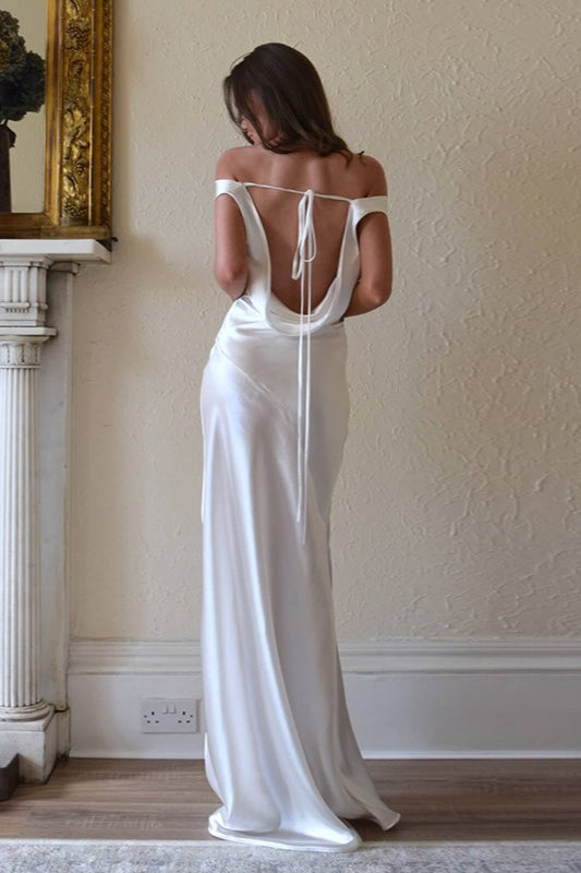 Satin Off Shoulder Backless Tie Waist Slim Fit Long Sexy Prom Dress