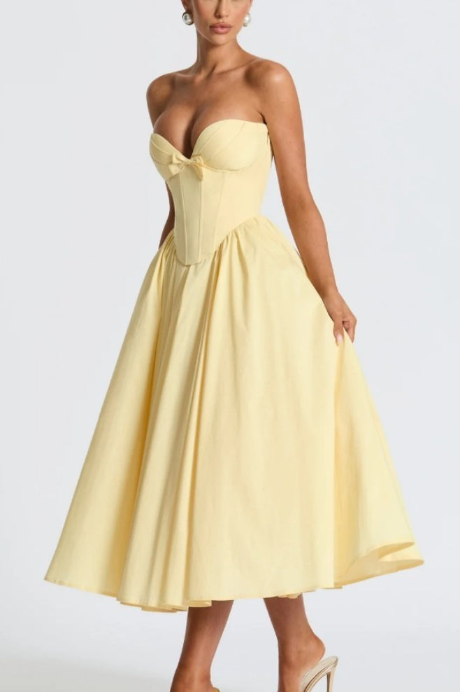 Romantic Bow Boned Strapless Slim Solid Prom Dress