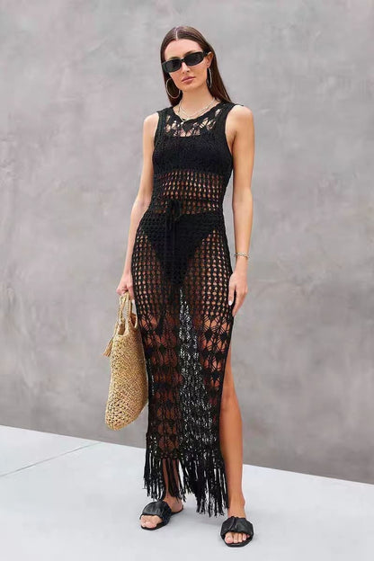Cut Out Knit Fringe Beach Boho Dress
