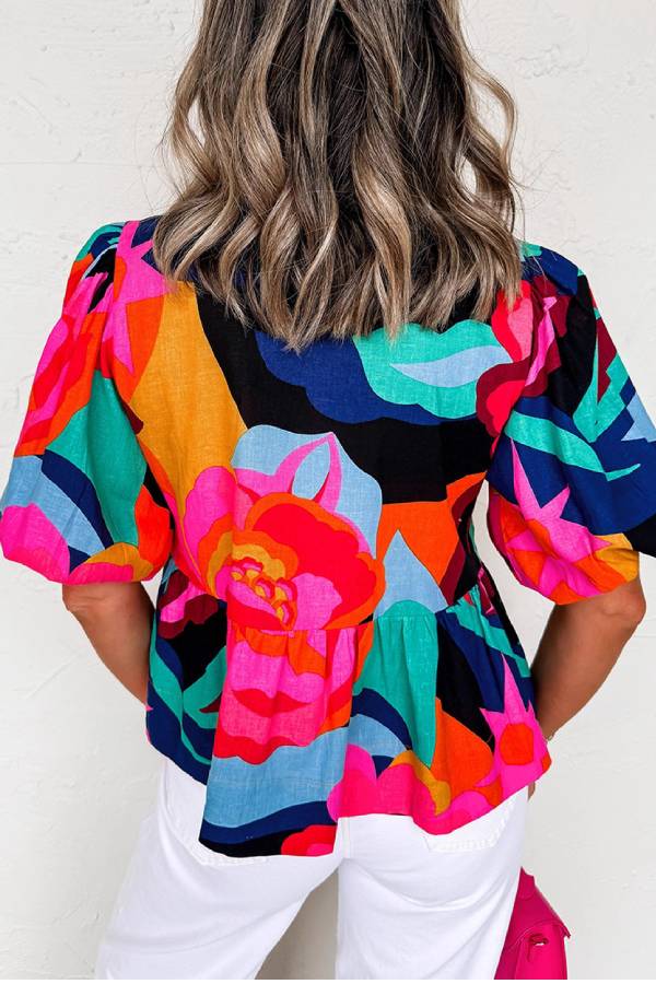 Abstract Floral Print Tie-Front Puff Sleeve Peplum Top