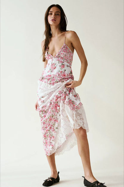 Floral Lace Panel Deep V Spaghetti Strap Maxi Dress