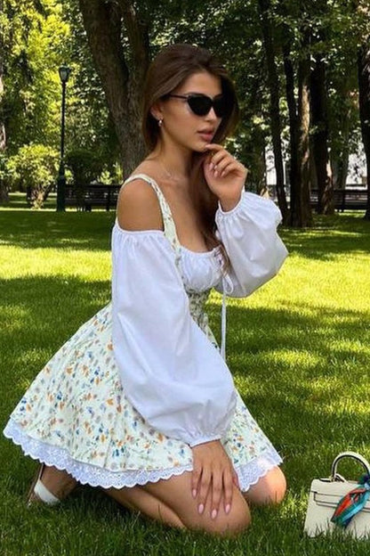 Two Piece Puff Sleeve Strapless Floral Dress