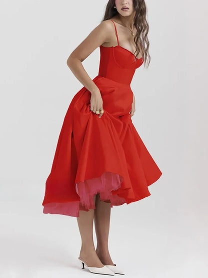Sweetheart Bustier Lace Trim Satin Fit and Flare Midi Dress