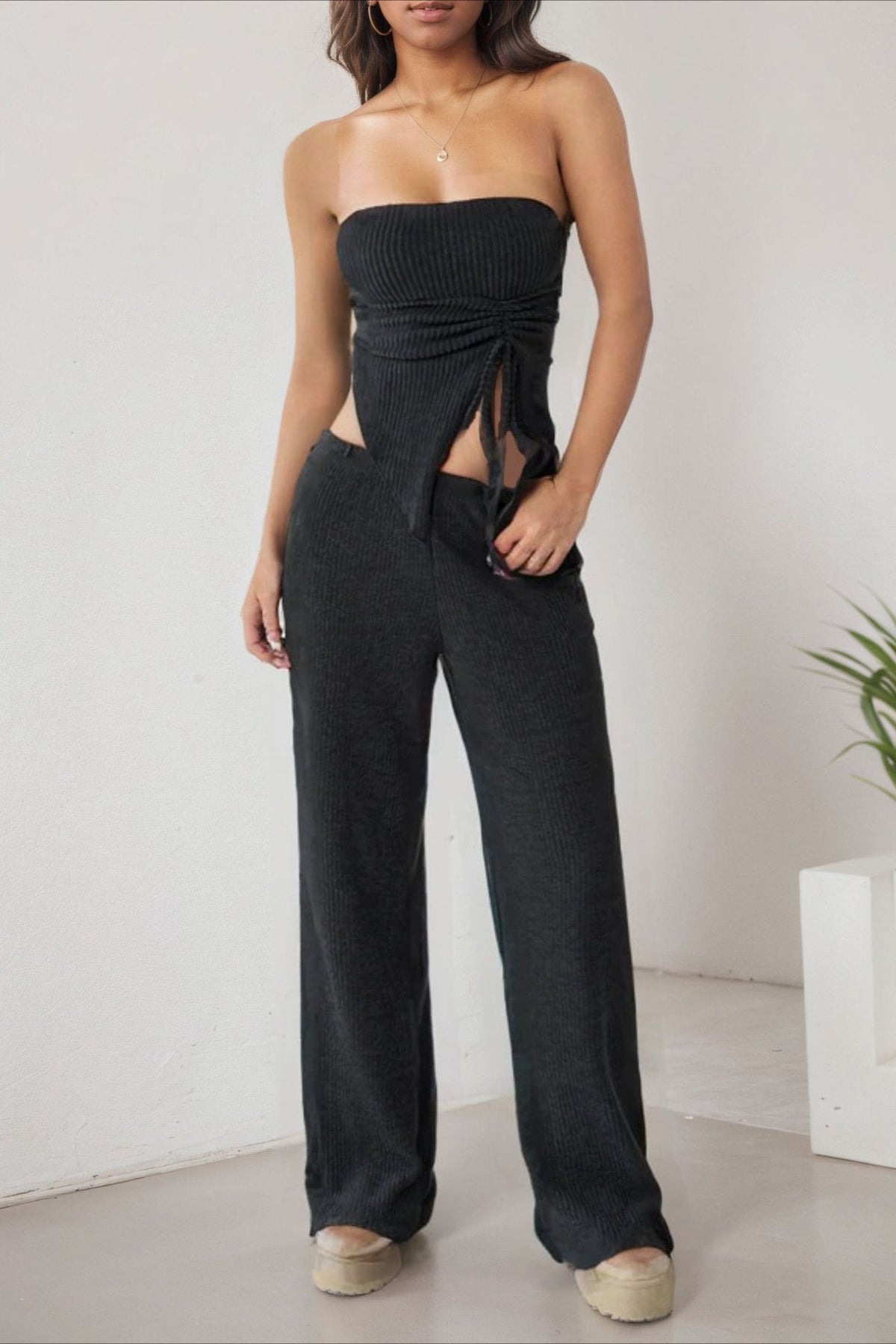 Sexy Wrap Front Split Hem Top Straight Pants Set