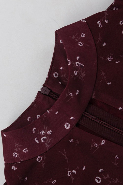 Cutout Stand Collar Puff Sleeve Floral Dress