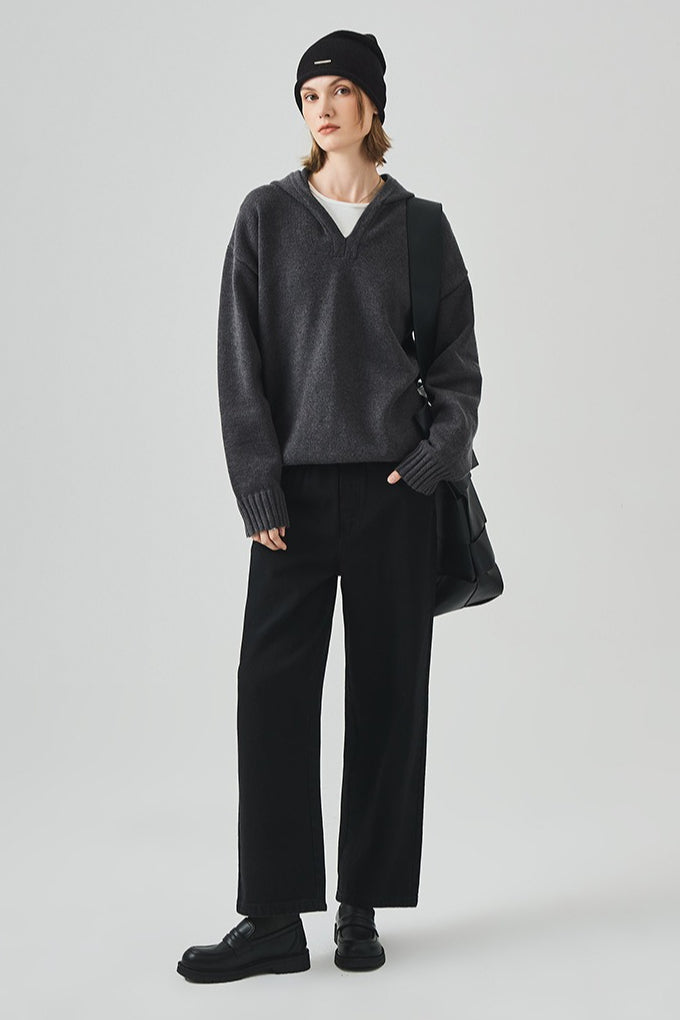 Slouchy V-Neck Hooded Sweater