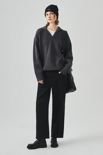 Slouchy V-Neck Hooded Sweater