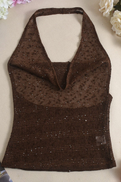 Sheer Sparkling Deep V Cowl Neck Halter Halter Top
