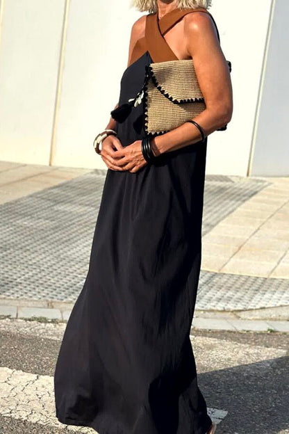 Halter Neck Mesh Illusion Panel Flowy Maxi Dress