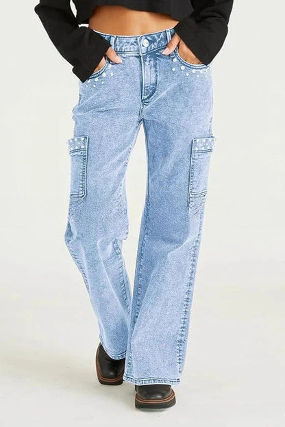 Y2K Pearl Embellished High Waist Boyfriend Straight Jeans