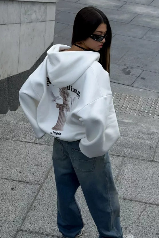 Retro Angel Dove Back Print Zip Hoodie