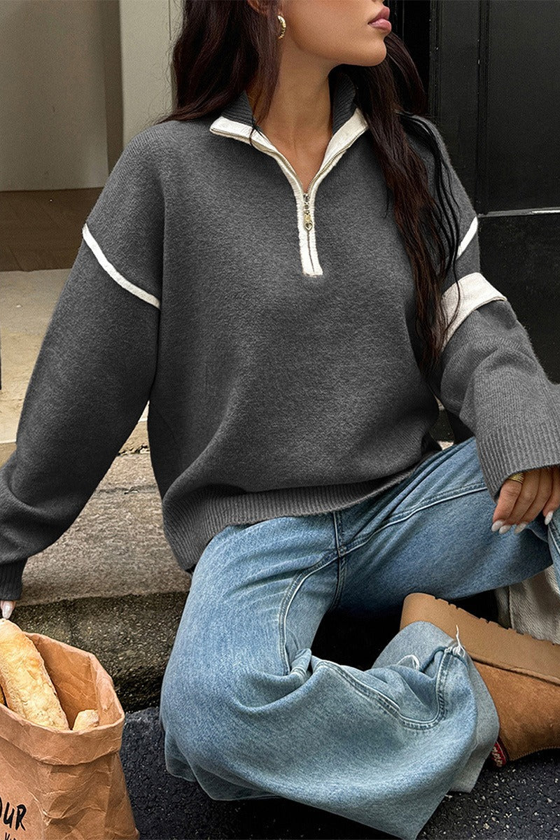 Casual Zip Front Long Sleeve Sweater