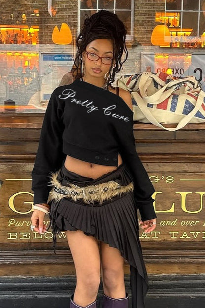 Script Print Off Shoulder Cropped Tee