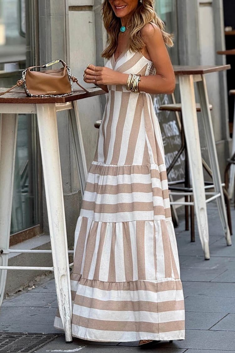 Summer Striped Print Patchwork Ruched Backless Maxi Dress