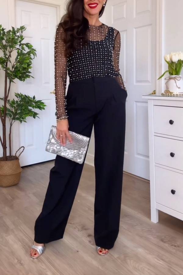 Sheer Long-Sleeved Blouse with Pearl Embellishments