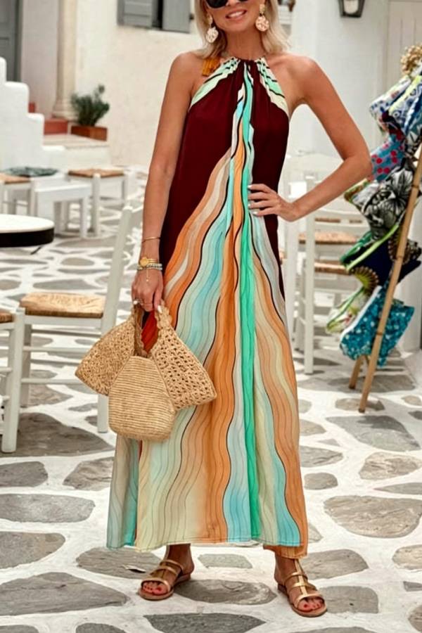 Santorini-inspired Backless Halter Neck Wavy Gradient Print Maxi Dress