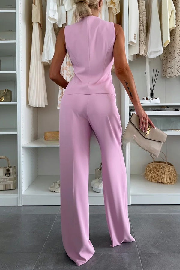 Workplace Chic Sleeveless Button Vest and Relaxed Pocket Wide Leg Pants Set