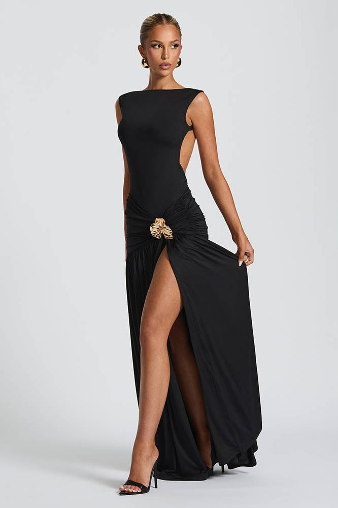 Solid Sleeveless Backless Ruched Waist Slit Formal Dress