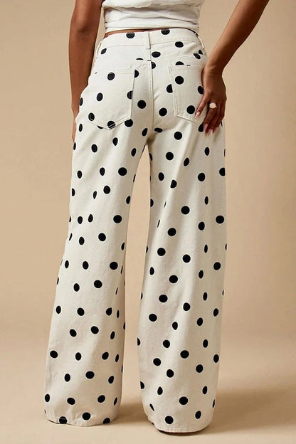 Retro Style Polka Dot Print High Waist Pocketed Wide Leg High Waisted Jeans