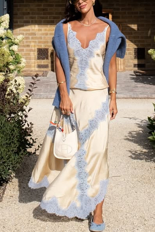 Light gold satin V-neck camisole with blue lace trim + matching skirt set