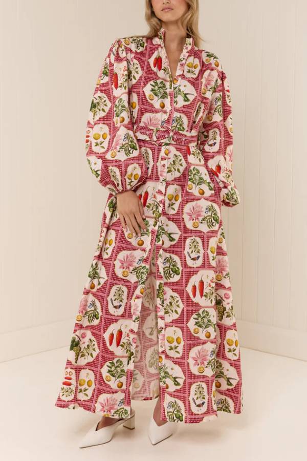 Collared Waist-Cinched Printed Maxi Shirt Dress