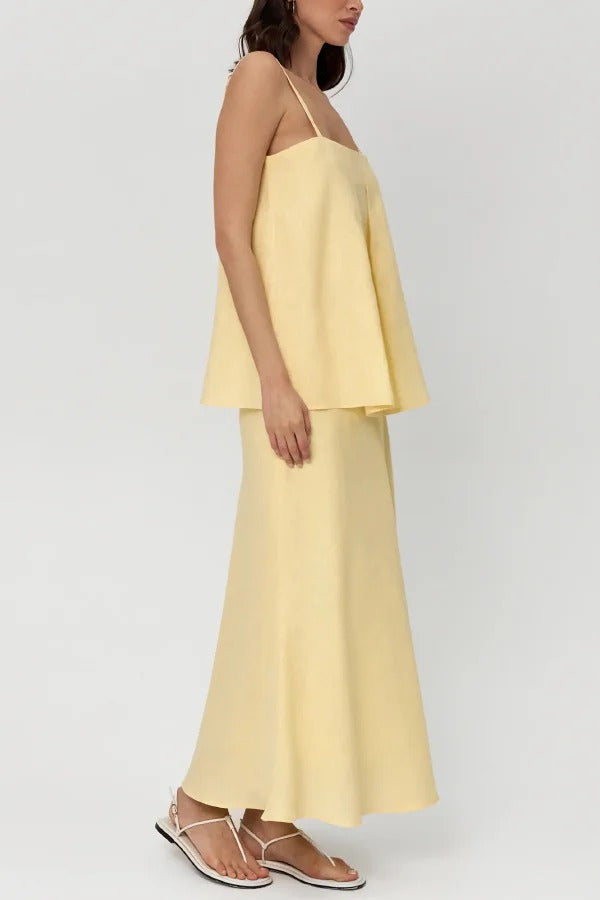 Linen Blend Loose Square Neck Camisole Top and Elegant Resort Maxi Skirt Set