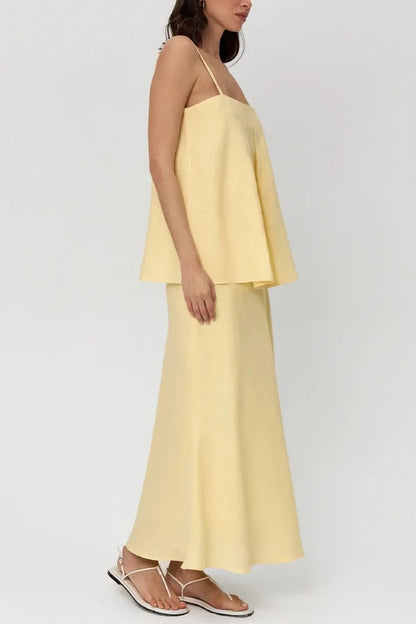 Linen Blend Loose Square Neck Camisole Top and Elegant Resort Maxi Skirt Set