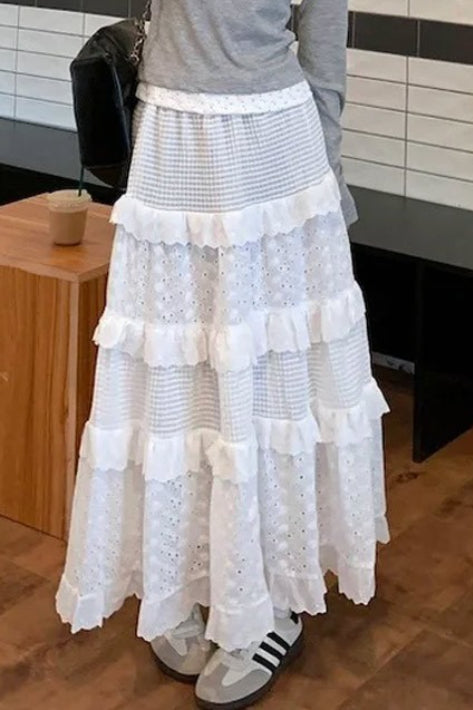 White Lace Tiered High Waist Boho Skirt