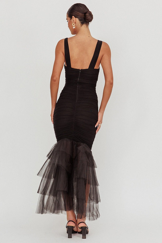 Mesh Insert Spaghetti Strap Ruched Prom Dress