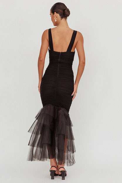 Mesh Insert Spaghetti Strap Ruched Prom Dress