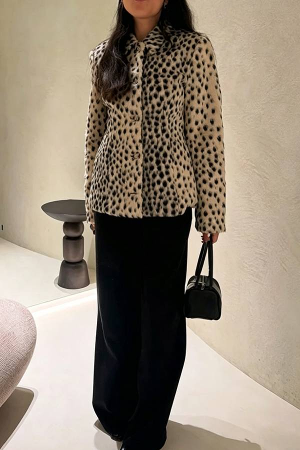 Nasha Faux Fur Leopard Print Button Up Long Sleeve Lapel Jacket