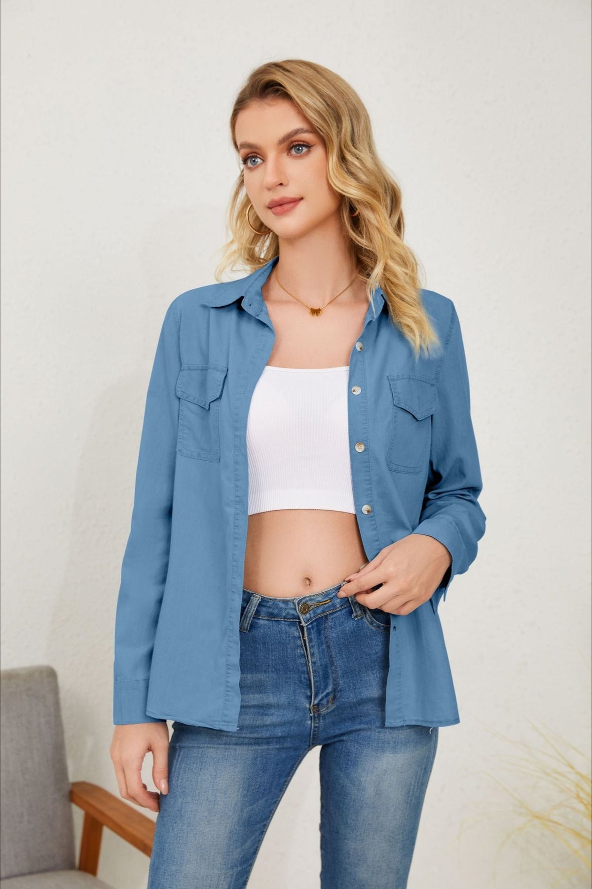 Long Sleeve Denim Lapel Blouse