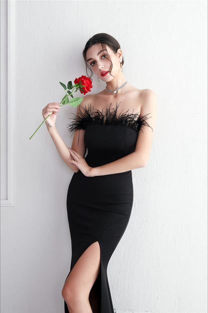 Elegant Feather Trim Strapless Formal Dress