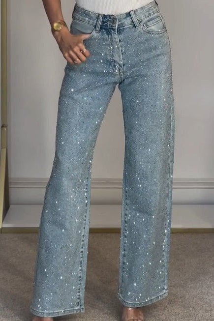 Rhinestone Washed High Waist Straight Jeans
