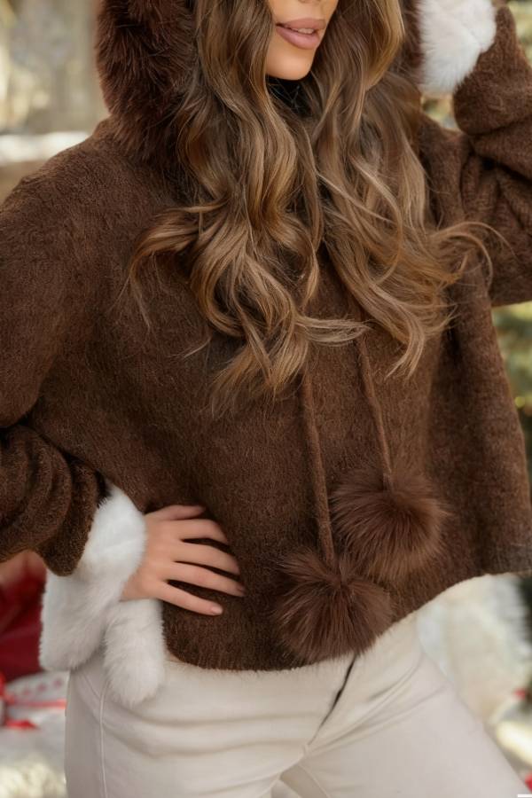 Cinnamon Tea Hooded Sweater with Fur Trim